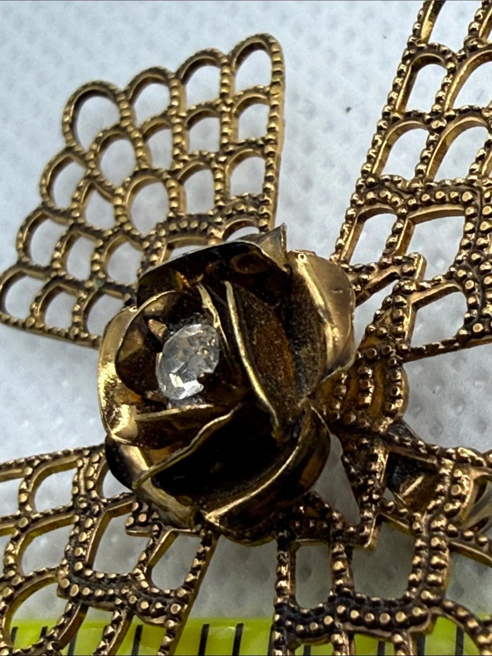 Gold Filigree Floral Brooch with Clear Crystal Center